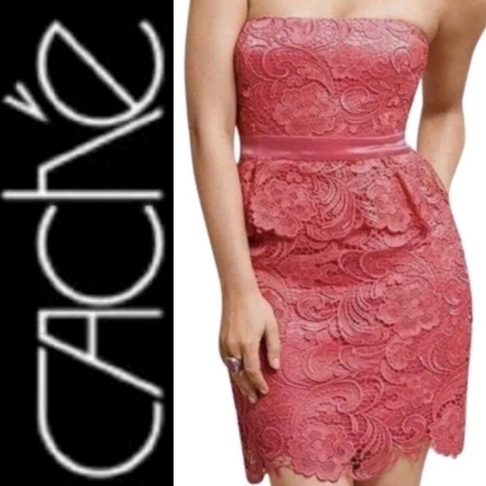 Cache Coral Pink Crochet Lace Strapless Bodycon Pencil Peplum Dress Size 12 POEC